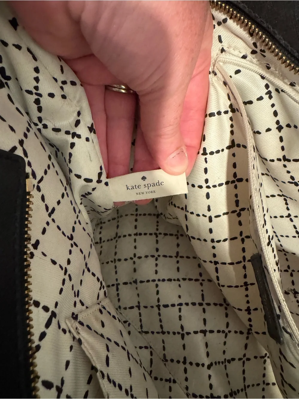kate spade black leather tote with gold plaque